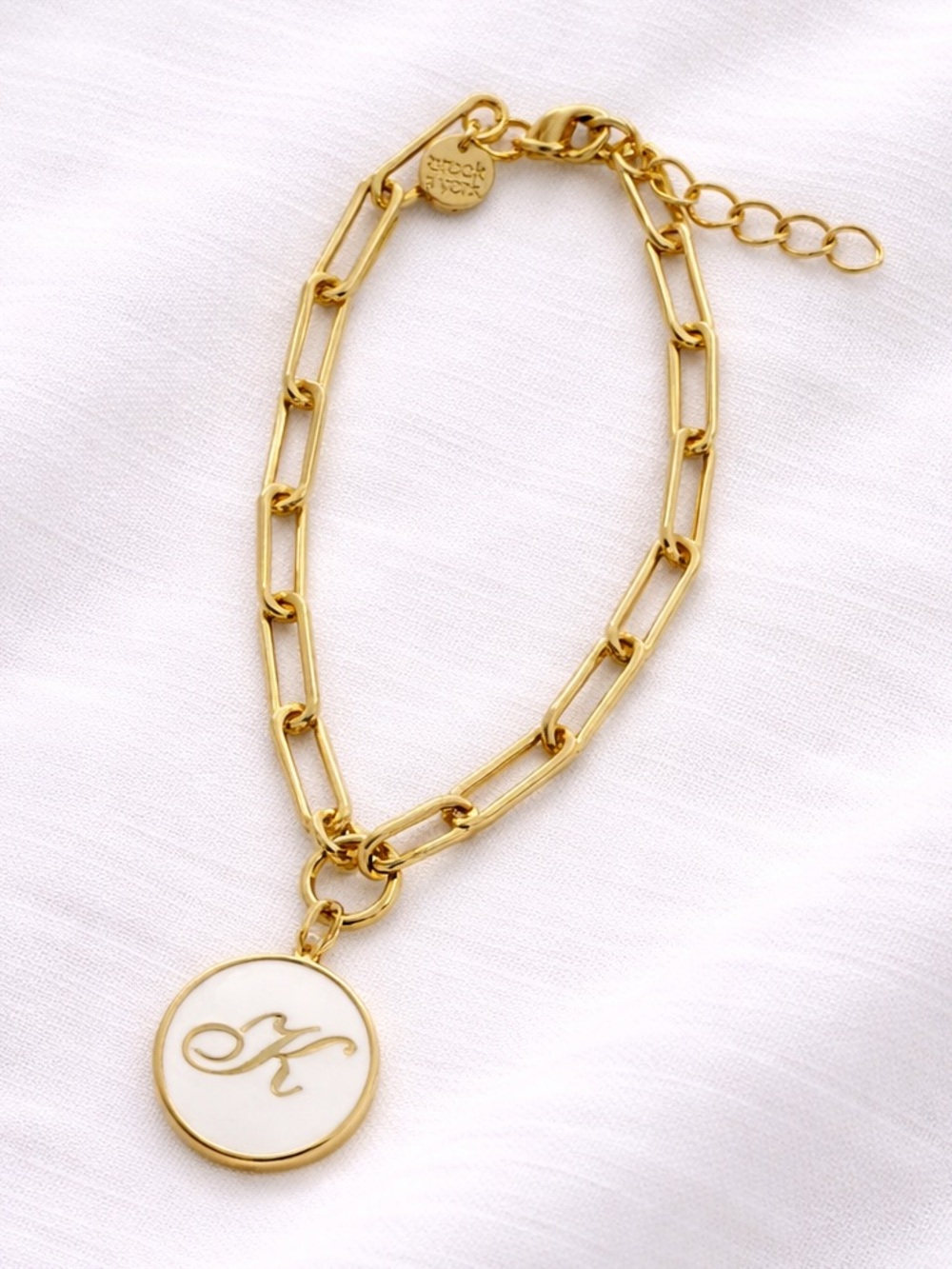 Brook & York 14k Gold Plated  Link Bracelet White Enamel Initial “K” NIB